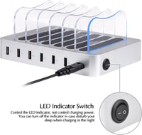Stație de încărcare USB-C de birou PRITEK cu 6 porturi, incluzând 6 cabluri USB-C scurte pentru mai multe dispozitive, telefoane, tablete, căști, MP3, MP4, argintiu 3