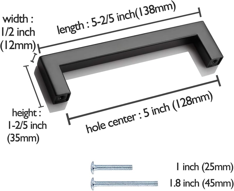 Probrico Matt Fekete Bútorfogantyú Szett 25db - 12mm Négyzet Profil, 128mm Furattáv, Rozsdamentes Acél Konyhai Szekrény Fiók Kilincs