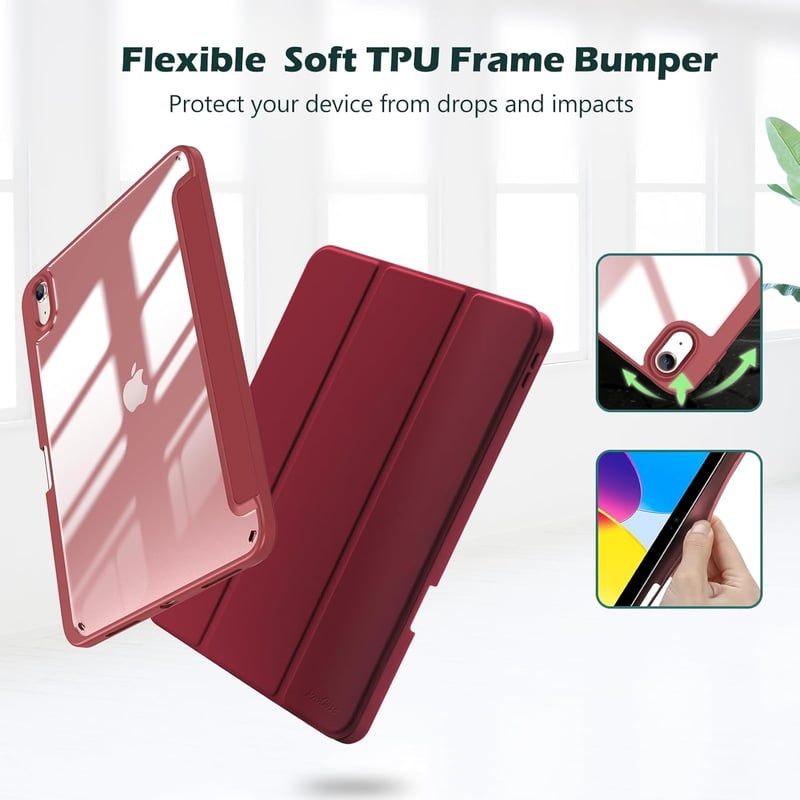 ProCase iPad 10-11 hüvely tolltartóval, ütésálló smart tok, átlátszó hátlap, bordó