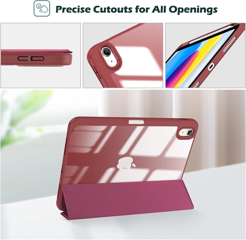 ProCase iPad 10-11 hüvely tolltartóval, ütésálló smart tok, átlátszó hátlap, bordó