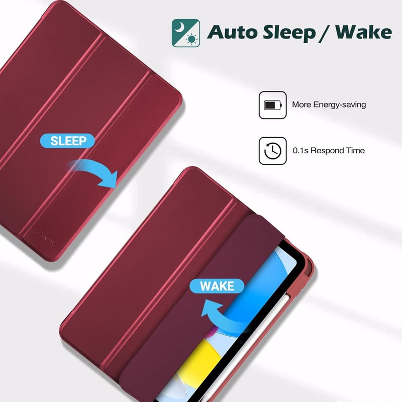 ProCase iPad 10-11 hüvely tolltartóval, ütésálló smart tok, átlátszó hátlap, bordó