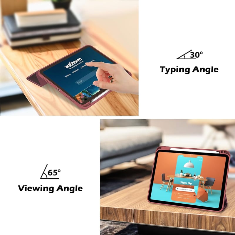 ProCase iPad 10-11 hüvely tolltartóval, ütésálló smart tok, átlátszó hátlap, bordó