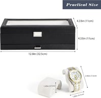 ProCase Óratartó Doboz 6 Rekeszes Üveg Tetővel, 2 Szintes Ékszertartó Órákhoz Gyűrűkhöz Karkötőkhöz, Kivehető Párnákkal, Fekete 6