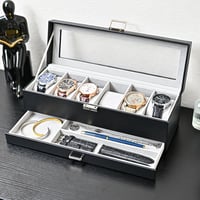 ProCase Óratartó Doboz 6 Rekeszes Üveg Tetővel, 2 Szintes Ékszertartó Órákhoz Gyűrűkhöz Karkötőkhöz, Kivehető Párnákkal, Fekete 8