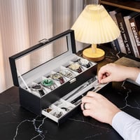 ProCase Óratartó Doboz 6 Rekeszes Üveg Tetővel, 2 Szintes Ékszertartó Órákhoz Gyűrűkhöz Karkötőkhöz, Kivehető Párnákkal, Fekete 5