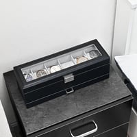 ProCase Óratartó Doboz 6 Rekeszes Üveg Tetővel, 2 Szintes Ékszertartó Órákhoz Gyűrűkhöz Karkötőkhöz, Kivehető Párnákkal, Fekete 7