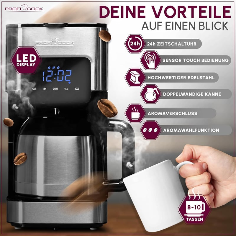 Profi Cook PC-KA 1191 Kávéfőző 8-10 Csészés Termoszszos Érzékelős Vezérléssel