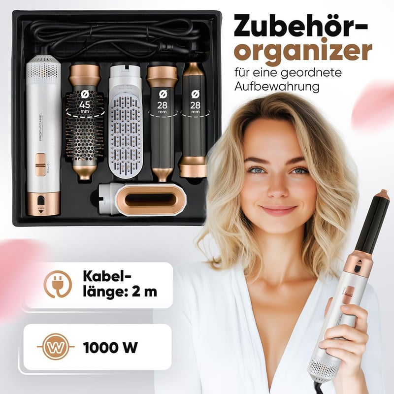 ProfiCare 4az1-ben Hajstyler 1000W | Göndörítés, Térfogat, Egyenesítés, Szárítás | Kerek Fúvóka Hajszárító PC HAS 3132 - White-rose, Hot air brush