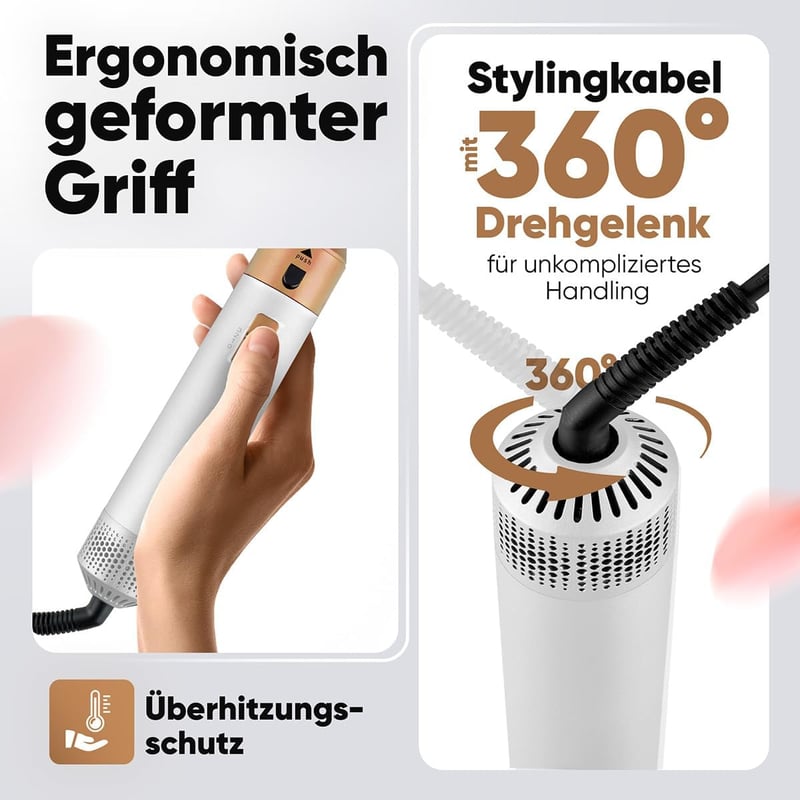 ProfiCare 4az1-ben Hajstyler 1000W | Göndörítés, Térfogat, Egyenesítés, Szárítás | Kerek Fúvóka Hajszárító PC HAS 3132 - White-rose, Hot air brush