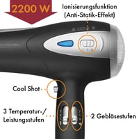Uscător de păr ProfiCare PC HTD 3113 cu funcție de ionizare, 2200W - Negru, cu difuzor și concentrator, funcție Cool Shot, 3 trepte de putere, uscător de păr de călătorie 3