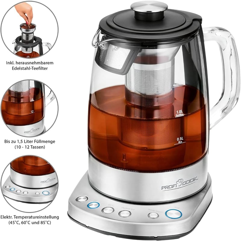 ProfiCook PC-WKS 1167 G 2in1 Vízforraló Teafőző Üveg Rozsdamentes Acél 1,5L