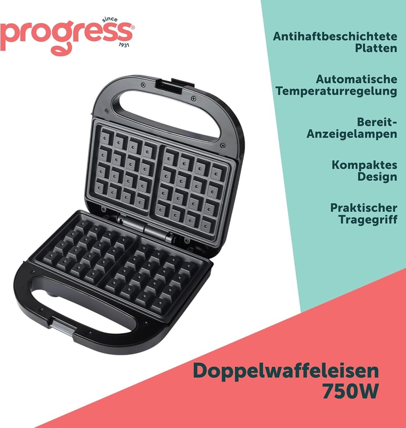 PROGRESS Dupla Gofrisütő Belgaum és Amerikai Gofrihoz, Automata Hőmérséklet Szabályozás, 750W