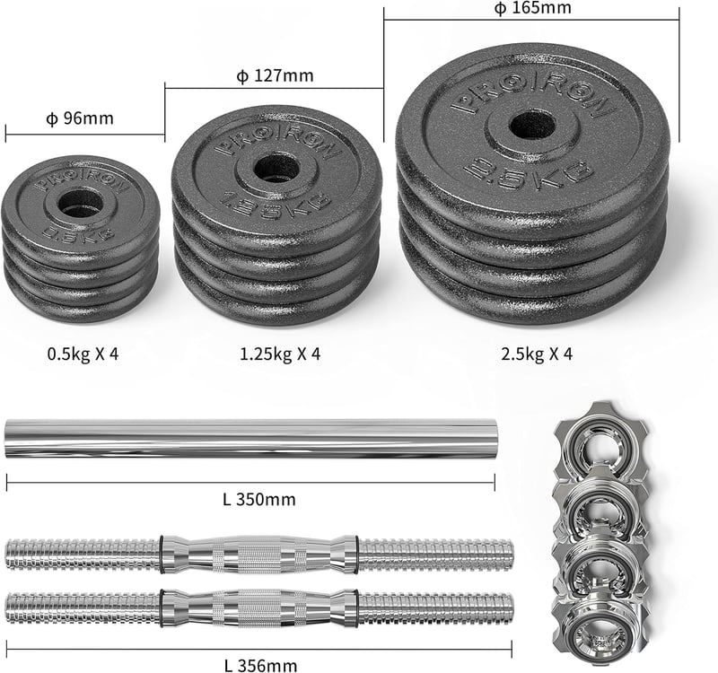 PROIRON Állítható Súlyzó Készlet 20kg Öntöttvas 2in1 Kézi és Rúd Súlyzó Összekötő Csővel Erőnléti Edzéshez