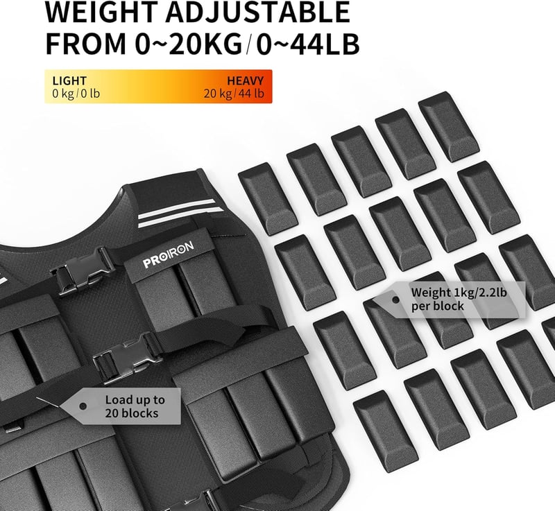 PROIRON Állítható Súlyzott Mellény 10/20 kg Reflektív Csíkokkal Futáshoz és Edzéshez