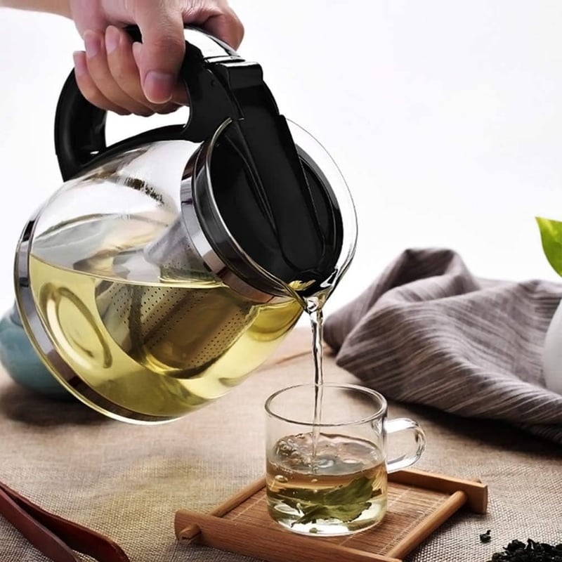 ProLeo Üveg Teáskanna Rozsdamentes Acél Szűrővel - 2000ml Hőálló Fekete Teafőző Fedéllel, Mosogatógépben Mosható, Otthoni és Irodai Használa