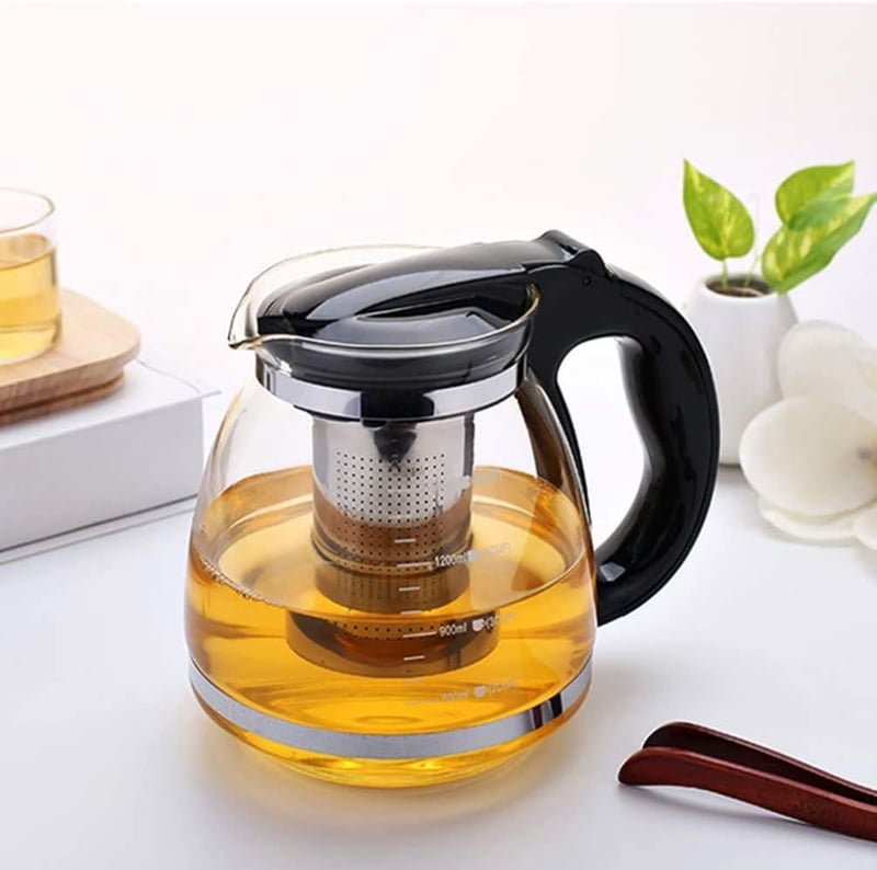 ProLeo Üveg Teáskanna Rozsdamentes Acél Szűrővel - 2000ml Hőálló Fekete Teafőző Fedéllel, Mosogatógépben Mosható, Otthoni és Irodai Használa