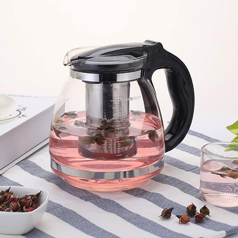 ProLeo Üveg Teáskanna Rozsdamentes Acél Szűrővel - 2000ml Hőálló Fekete Teafőző Fedéllel, Mosogatógépben Mosható, Otthoni és Irodai Használa