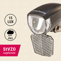Far LED pentru bicicletă Prophete 15 Lux - Cu întrerupător pornit/oprit și reflector detașabil - Pentru dinam în butuc și dinam lateral - Omologat StVZO - Cu suport Nirosta 2