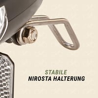 Far LED pentru bicicletă Prophete 15 Lux - Cu întrerupător pornit/oprit și reflector detașabil - Pentru dinam în butuc și dinam lateral - Omologat StVZO - Cu suport Nirosta 5