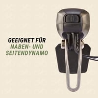 Far LED pentru bicicletă Prophete 15 Lux - Cu întrerupător pornit/oprit și reflector detașabil - Pentru dinam în butuc și dinam lateral - Omologat StVZO - Cu suport Nirosta 3