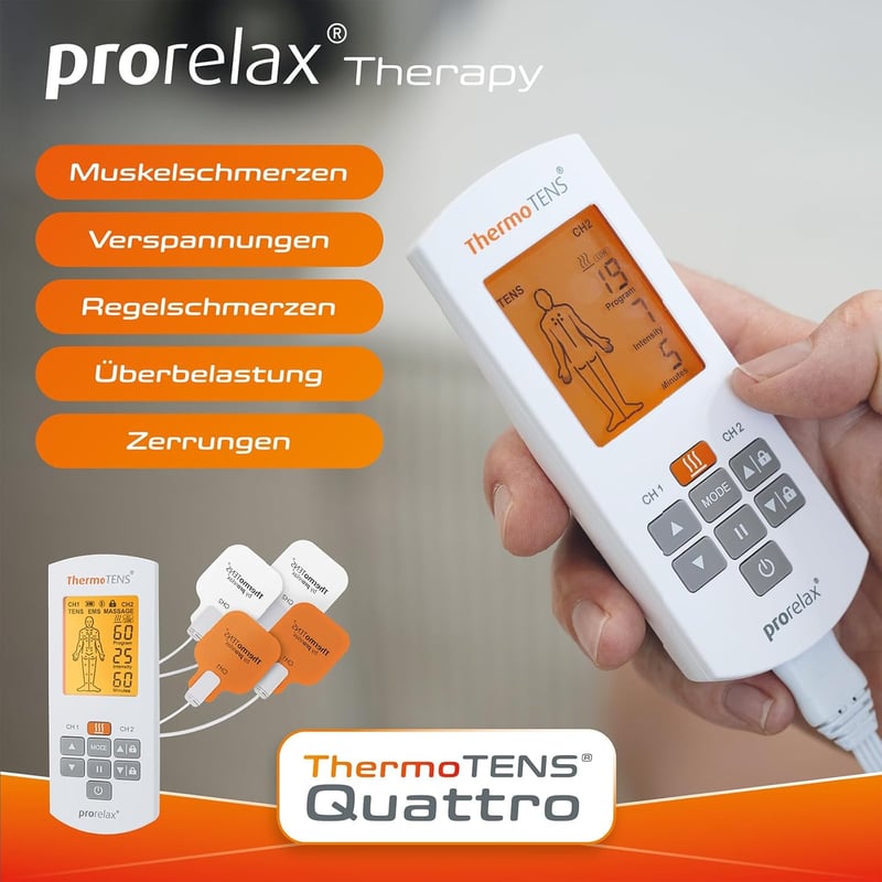 Prorelax TENS/EMS QUATTRO Elektrostimulációs Készülék - Fájdalomcsillapítás, Izomépítés, Masszázs és Hőterápia, 60 Program, 25 Intenzitási S