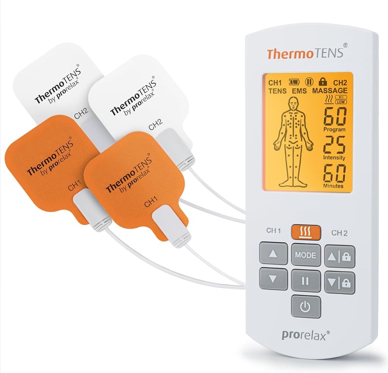 Prorelax TENS/EMS QUATTRO Elektrostimulációs Készülék - Fájdalomcsillapítás, Izomépítés, Masszázs és Hőterápia, 60 Program, 25 Intenzitási S