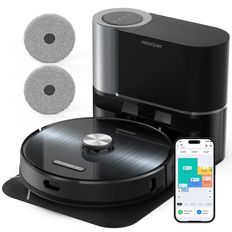 Robotický vysávač a mop Proscenic M9, sací výkon 4500 Pa, duálne rotačné mopy, LiDAR navigácia, stanica s automatickým vyprázdňovaním, Alexa a