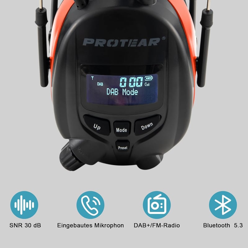 PROTEAR Bluetooth 5.3 Hallásvédő Fejhallgató DAB/DAB+/FM Rádióval - Újratölthető, Kihangosítható, 30dB Zajcsökkentés, Kényelmes Viselet