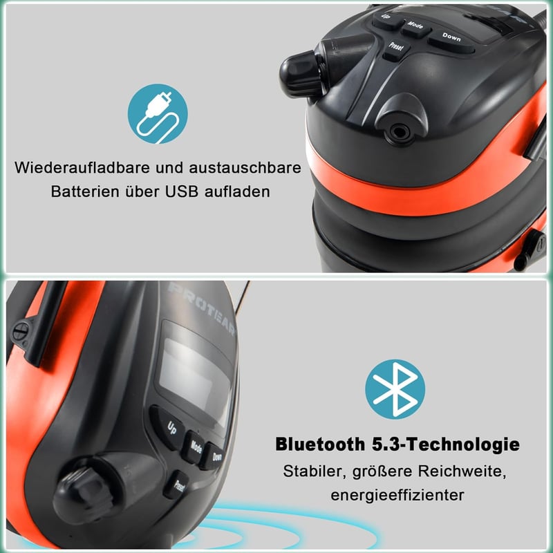 PROTEAR Bluetooth 5.3 Hallásvédő Fejhallgató DAB/DAB+/FM Rádióval - Újratölthető, Kihangosítható, 30dB Zajcsökkentés, Kényelmes Viselet