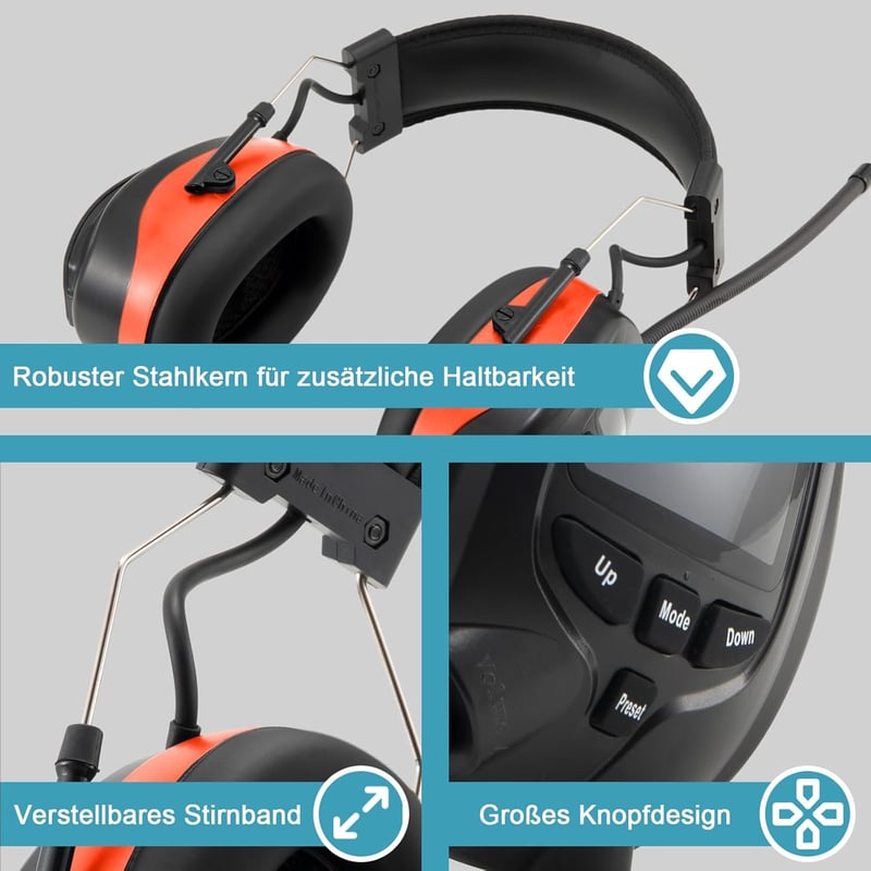 PROTEAR Bluetooth 5.3 Hallásvédő Fejhallgató DAB/DAB+/FM Rádióval - Újratölthető, Kihangosítható, 30dB Zajcsökkentés, Kényelmes Viselet