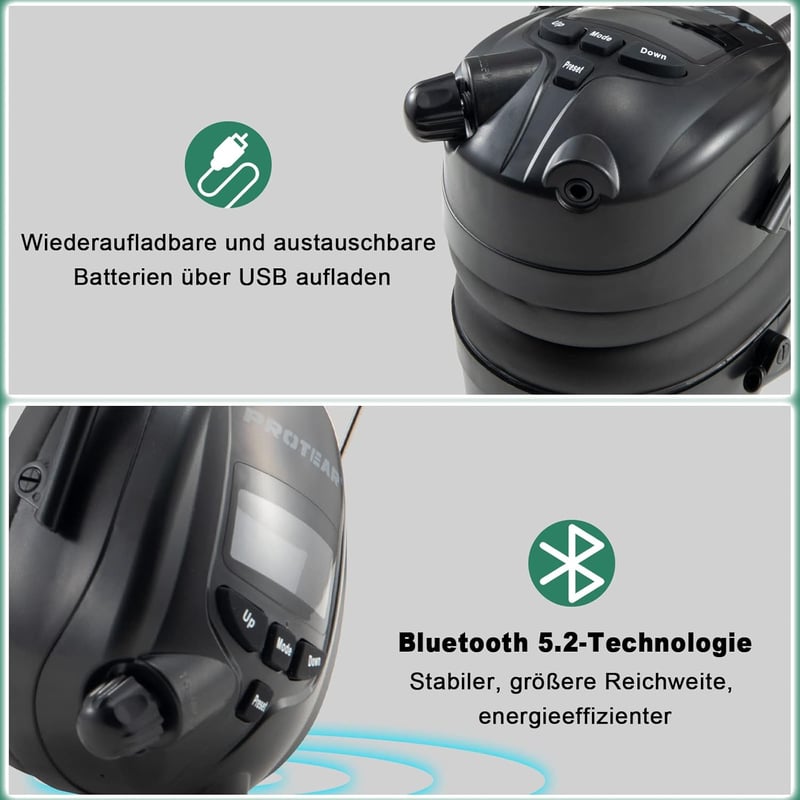 PROTEAR Bluetooth 5.3 Hallásvédő Fültok DAB/DAB+/FM Rádióval, Újratölthető, Kihangosítóval, 30dB SNR - Fűnyíráshoz, Fűrészeléshez, Műhelymun