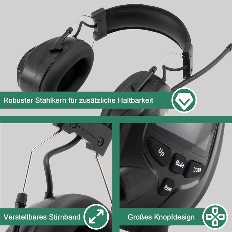 PROTEAR Bluetooth 5.3 Hallásvédő Fültok DAB/DAB+/FM Rádióval, Újratölthető, Kihangosítóval, 30dB SNR - Fűnyíráshoz, Fűrészeléshez, Műhelymun
