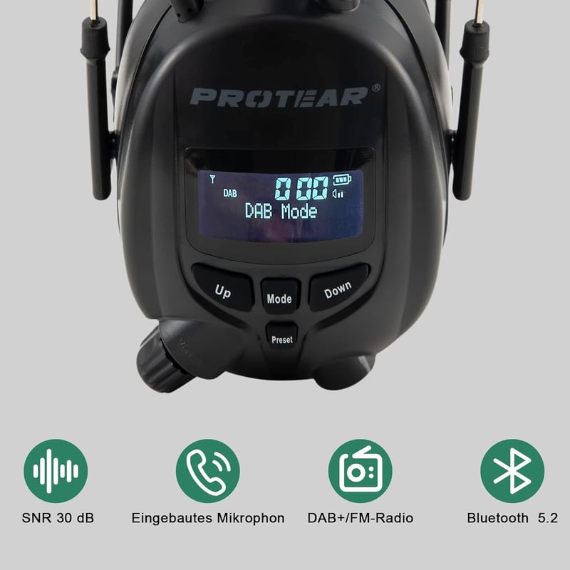 PROTEAR Bluetooth 5.3 Hallásvédő Fültok DAB/DAB+/FM Rádióval, Újratölthető, Kihangosítóval, 30dB SNR - Fűnyíráshoz, Fűrészeléshez, Műhelymun