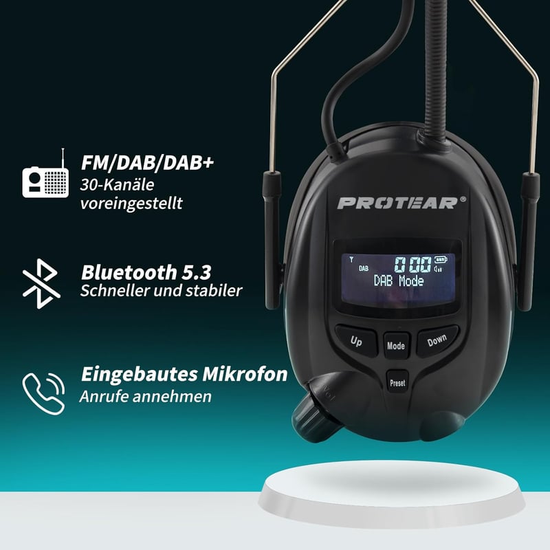 PROTEAR Bluetooth 5.3 Hallásvédő Fülvédő DAB+/FM Rádióval, Újratölthető Akkumulátor, SNR 30dB