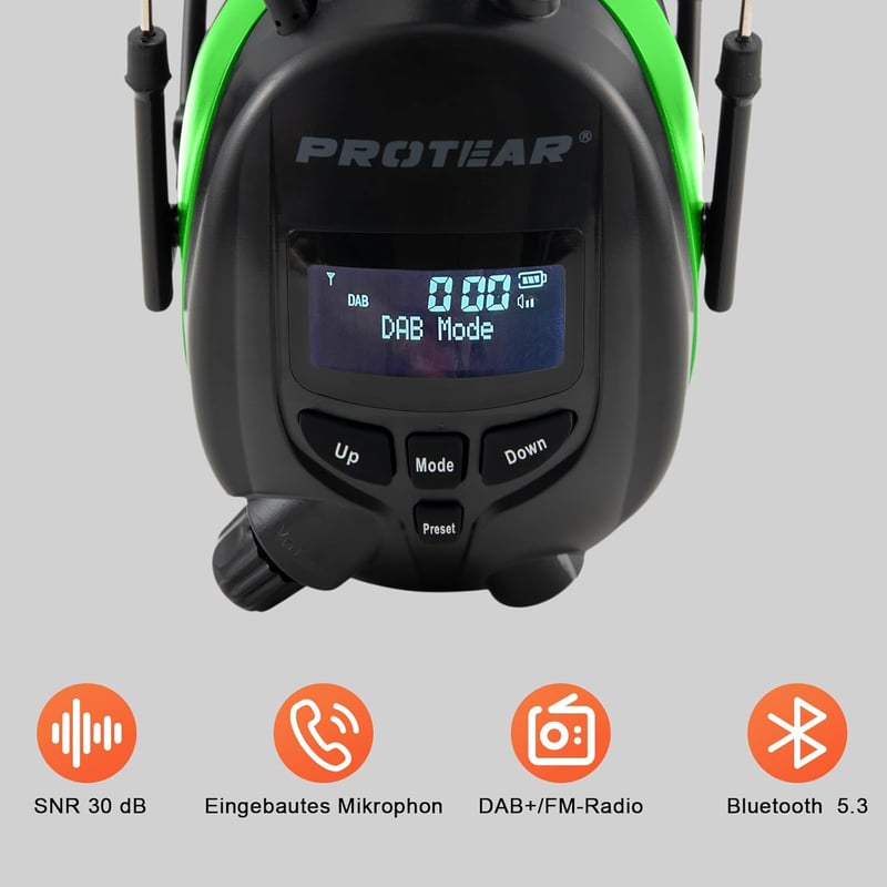 PROTEAR Bluetooth 5.3 Hallásvédő Rádióval DAB/DAB+/FM - Újratölthető Fülvédő Kihangosító Funkcióval, 30dB SNR - Fűnyíráshoz, Fűrészeléshez, 