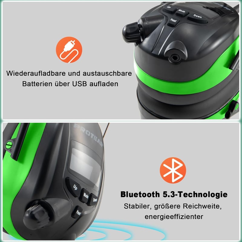 PROTEAR Bluetooth 5.3 Hallásvédő Rádióval DAB/DAB+/FM - Újratölthető Fülvédő Kihangosító Funkcióval, 30dB SNR - Fűnyíráshoz, Fűrészeléshez, 