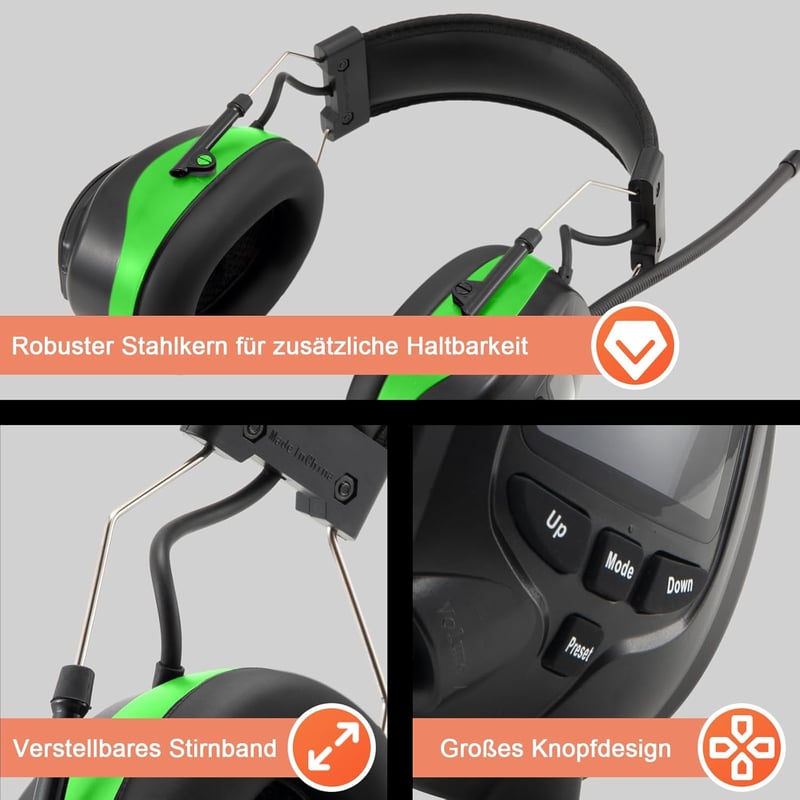 PROTEAR Bluetooth 5.3 Hallásvédő Rádióval DAB/DAB+/FM - Újratölthető Fülvédő Kihangosító Funkcióval, 30dB SNR - Fűnyíráshoz, Fűrészeléshez, 