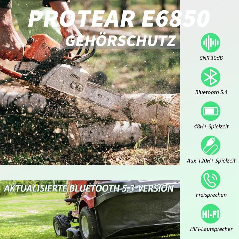 PROTEAR Bluetooth 5.4 Hallásvédő Fülvédő, Hi-Fi Hangszórókkal, 120 Órás Üzemidővel, Fűnyíráshoz, Famunkákhoz, 30dB Zajcsökkentés
