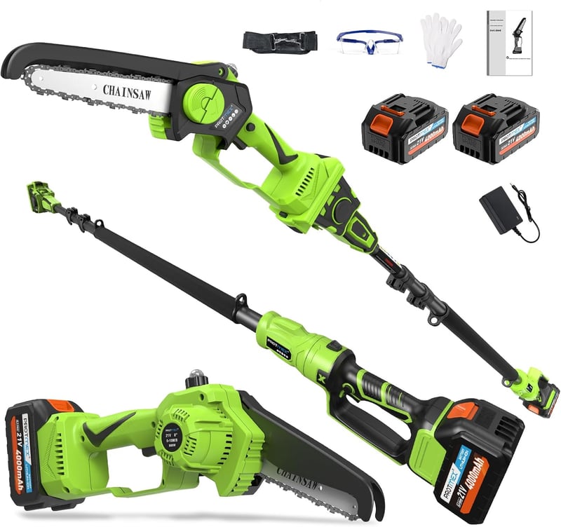 PROTMEX 2-in-1 Akkumulátoros Teleszkópos Metszőolló 8 Colos, Zöld, 900W, Kerti Ágvágó Szett 2 db 4000 mAh Akkuval