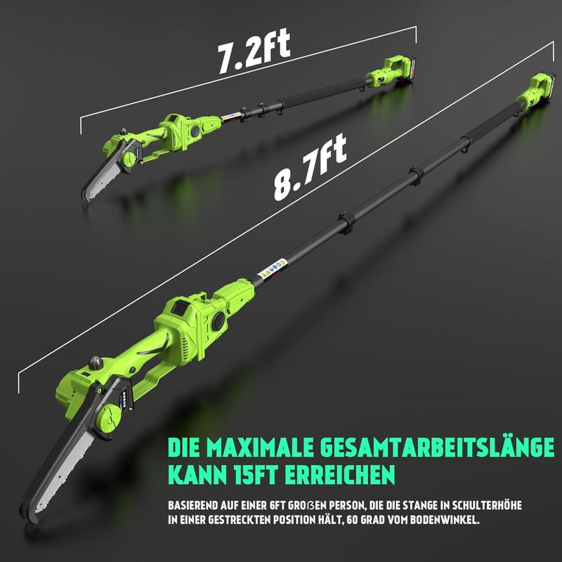 PROTMEX 2-in-1 Akkumulátoros Teleszkópos Metszőolló 8 Colos, Zöld, 900W, Kerti Ágvágó Szett 2 db 4000 mAh Akkuval