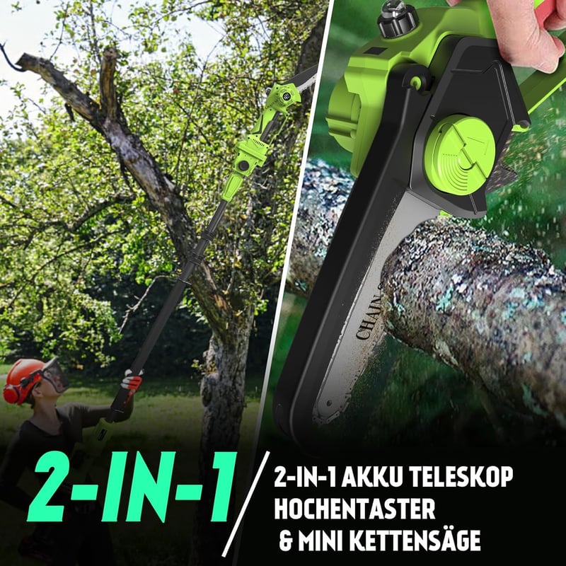 PROTMEX 2-in-1 Akkumulátoros Teleszkópos Metszőolló 8 Colos, Zöld, 900W, Kerti Ágvágó Szett 2 db 4000 mAh Akkuval