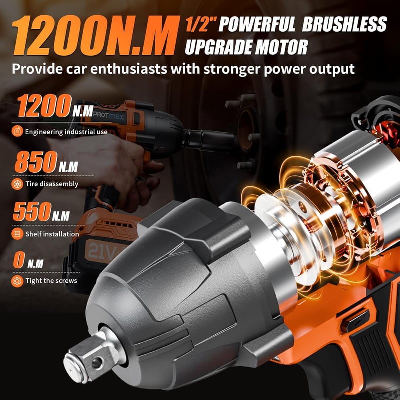 Protmex Akkumulátoros Ütvecsavarozó 1200Nm, 21V Szénkefe Nélküli Motor, 1/2" Befogás, 2db 4.0Ah Akkumulátor, Autó/Fűnyíró Szereléshez