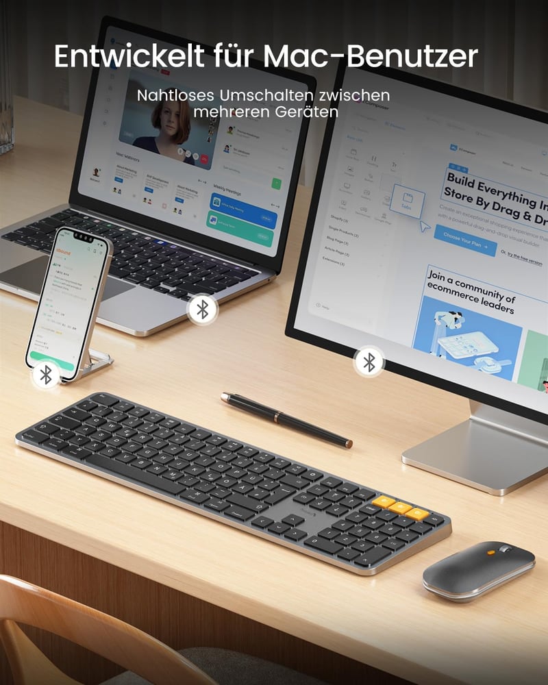 ProtoArc Bluetooth Billentyűzet és Egér Mac-hez, Vezeték Nélküli Teljes Méret, Újratölthető - Space grey-DE layout