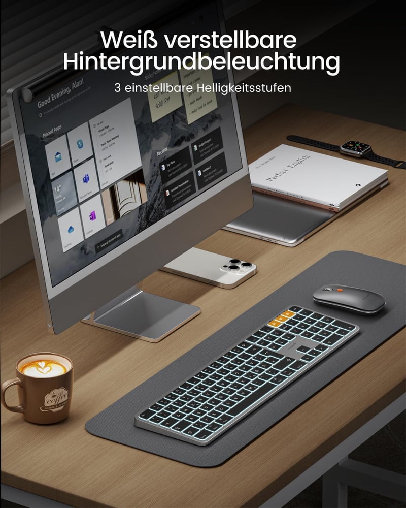 ProtoArc Bluetooth Billentyűzet és Egér Mac-hez, Vezeték Nélküli Teljes Méret, Újratölthető - Space grey-DE layout