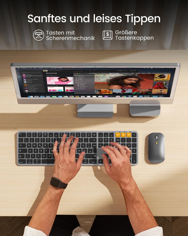 ProtoArc Bluetooth Billentyűzet és Egér Mac-hez, Vezeték Nélküli Teljes Méret, Újratölthető - Space grey-DE layout