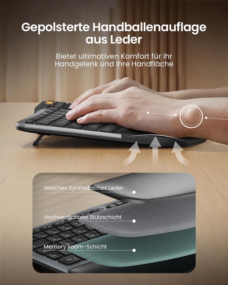 ProtoArc EK01 Plus Ergonomikus Vezeték Nélküli Billentyűzet Világítással és Csuklótámasszal