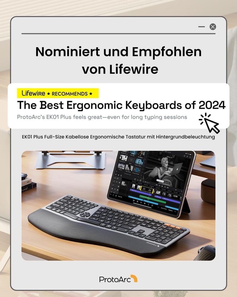 ProtoArc EK01 Plus Ergonomikus Vezeték Nélküli Billentyűzet Világítással és Csuklótámasszal