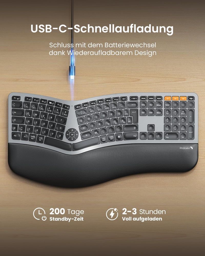 ProtoArc EK01 Plus Ergonomikus Vezeték Nélküli Billentyűzet Világítással és Csuklótámasszal