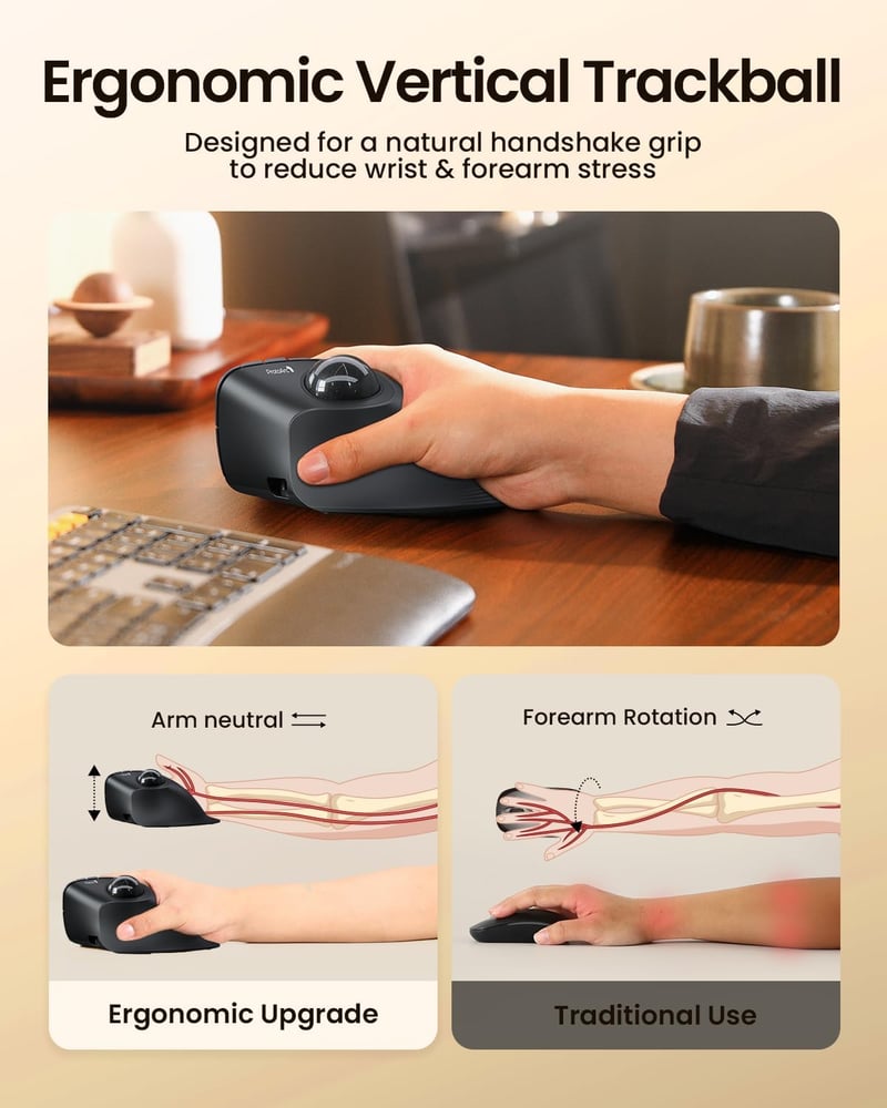ProtoArc EM05 NL Vertikális Trackball Egér - Vezeték Nélküli Bluetooth Görgős Egér Ujjvezérléssel, Újratölthető, 3 Eszközös Csatlakozás, iPa