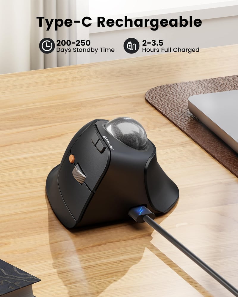 ProtoArc EM05 NL Vertikális Trackball Egér - Vezeték Nélküli Bluetooth Görgős Egér Ujjvezérléssel, Újratölthető, 3 Eszközös Csatlakozás, iPa